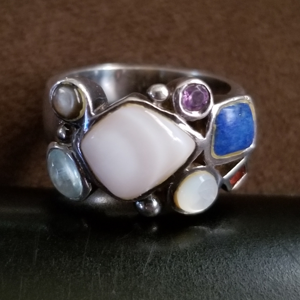 UNIQUE VINTAGE SOUTHWEST STERLING MULTI - GEMSTONE RING -SZ 7